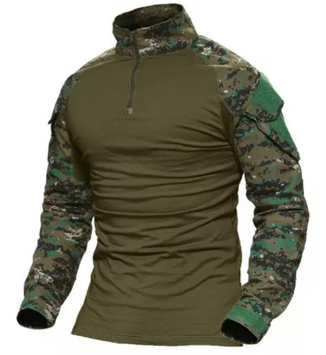 POLERA TÁCTICA VERDE CON MANGAS CAMUFLADAS